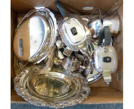 A four piece electroplated tea and coffee service of Art Deco form together with other plated wares.