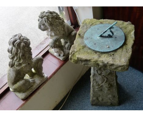 Garden statuary - A pair of stone lions, 40cm tall and a sundial (3)