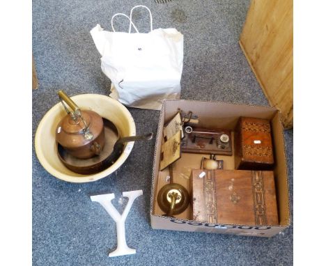 Two inlaid wooden boxes, desk stand, pair of silhouettes, hip flask, brass bell, copper kettle, pan and pancheon together wit