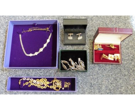 A pair of 9ct ingot cufflinks, 8 grams,  three pairs of cufflinks, a concord tie pin and various costume jewellery.