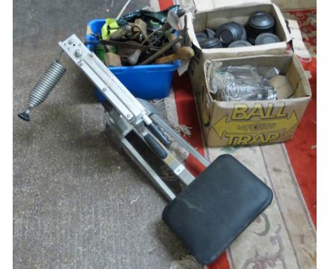 Clay pigeon shooting trap, two boxes of clays and a tilley lamp, together with a small box of miscellaneous tools
