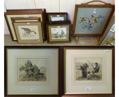 Glazed firescreen with floral embroidery, together with a set of hunting prints and other bird and hunting related coloured p
