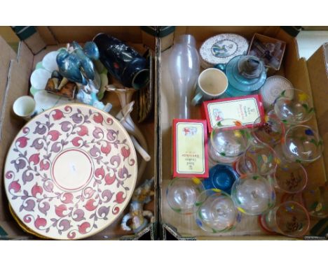 China and glassware including piano babies, cloisonne vase, coalport plate, oil lamp, Royal Doulton bunnykins, glasses, etc. 