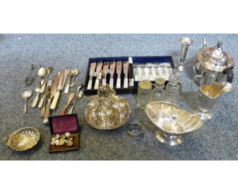 A Victorian three piece electroplated tea service, a silver vase, a silver napkin ring and other electroplated wares.