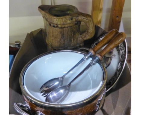 Wooden salad bowl with plated handles and ceramic liner and spoons, a Hillstonia relief molded vase and a Royal Worchester Pa