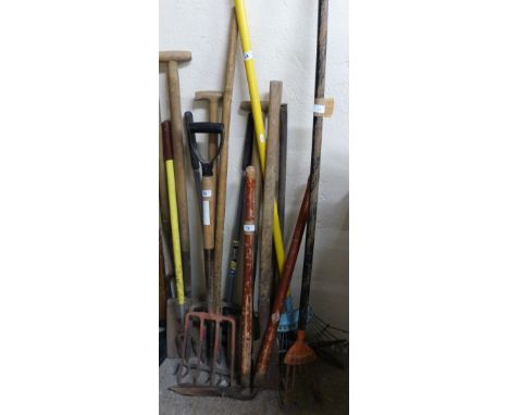 Garden tools, selection of forks, rakes, spades, etc.