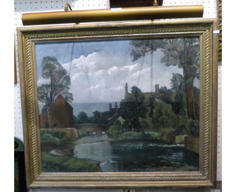 K.Tyson oil - River scene in gilt frame  with attached picture light.