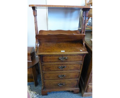 A reproduction Georgian style walnut hi-fi cabinet as a dummy chest of four drawers with lift top and bracket feet 56cm wide 