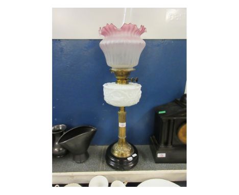 VICTORIAN BRASS COLUMNED AND OPAQUE FONTED OIL LAMP WITH CRIMPED SHADE 