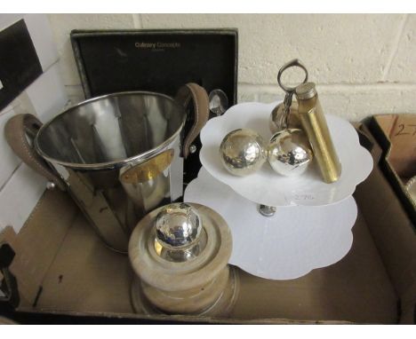 ENAMEL CAKE STAND LEATHER HANDLED CHAMPAGNE BUCKET ETC 