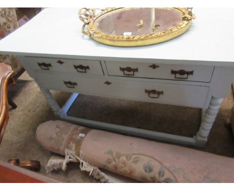 BLUE PAINTED SIDEBOARD FITTED WITH THREE DRAWERS ON BOBBIN TURNED LEGS 