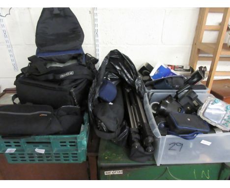 BOX CONTAINING MIXED CAMERA CASES TOGETHER WITH TRIPODS MIXED CAMERA LENSES BODIES ETC (QTY) 