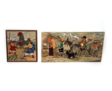 A Tibetan tapestry and applied fabric work picture, 20th century depicting a pilgrimage, 70 x 140cm and another (2).