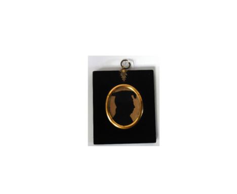 A Victorian silhouette - profile bust of a schoolmaster, paper mache and gilt frame, a small framed print, a case of drawing 