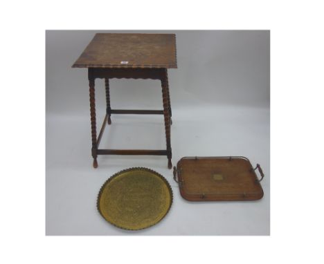 A square oak occasional table, on bobbin turned legs, in 17th century style, 46cm, a late Victorian oak tray with tubular gal