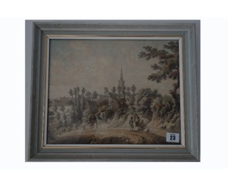 English School, 19th Century, Figures and a dog on a road by a village, watercolour, 26 x 32.5cm. together with a sketch book