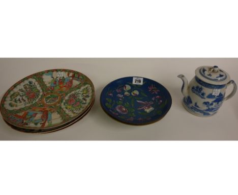 A pair of Chinese celadon glazed dishes, 20th century, painted with flowering branches, 19cm diameters, three Canton 'famille