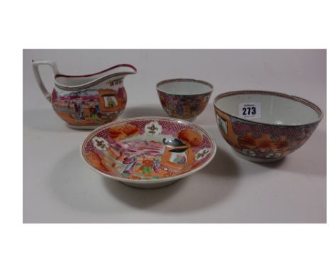 A group of four pieces of New Hall porcelain, each decorated with The Boy in The Window pattern (4)