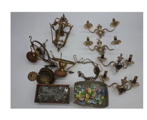 An Italian gilt metal floral porcelain mounted 5-light chandelier, a set of four twin branch wall applique in classical style