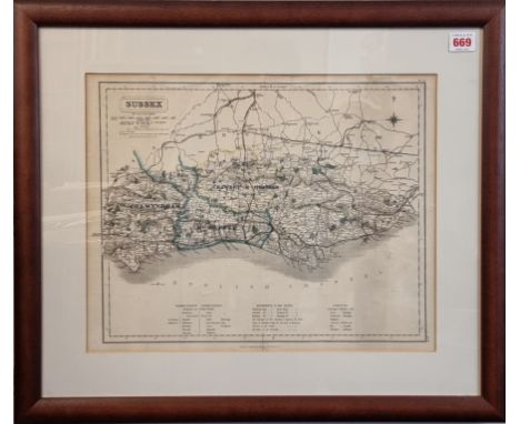 WALKER (J &amp; C):&nbsp;'Sussex': engraved map with original hand-colouring in outline, approx 42 x 34cm within mount, frame