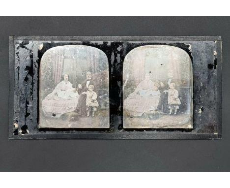 STEREOSCOPIC DAGUERREOTYPE: tinted stereoscopic daguerreotype of a family group by Antoine Claudet, 107 Regent Street, identi