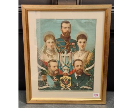 RUSSIAN IMPERIAL FAMILY:&nbsp;chromolithographic portrait of the Tsar and four others, text in Russian and French, approx 41 