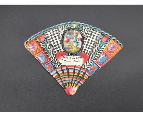 CUT PAPER WORK:&nbsp;a fine hand-coloured miniature fan of intricately cut paper, hand-painted oval central window with flora