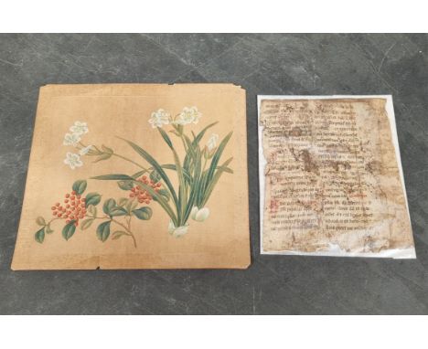 MANUSCRIPT ON VELLUM:&nbsp;early manuscript on vellum, in poor condition and likely retrieved from a binding: together with a