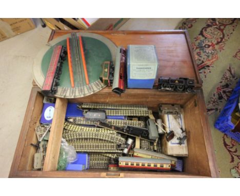 Collection of Hornby Dublo three rail model railway to include engine, rolling stock, track etc stored within a wooden trunk