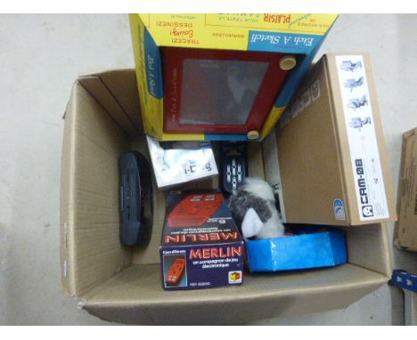 Group of mixed vintage toys to include boxed Etch A Sketch, boxed Cam 08i The Perpetual Humanoid Model, Furby etc