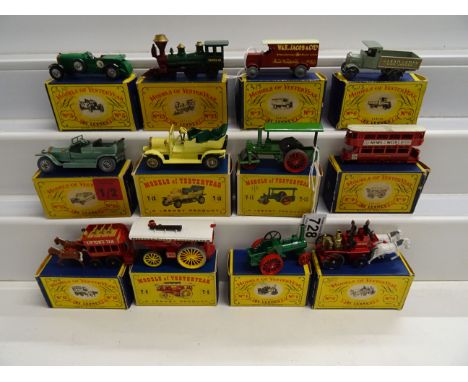 12 Boxed Matchbox Models of Yesteryear featuring Y-5 Bentley, Y-9 Fowler Big Lion Showman's Engine, Y-13 Santa Fe Loco, Y-15 