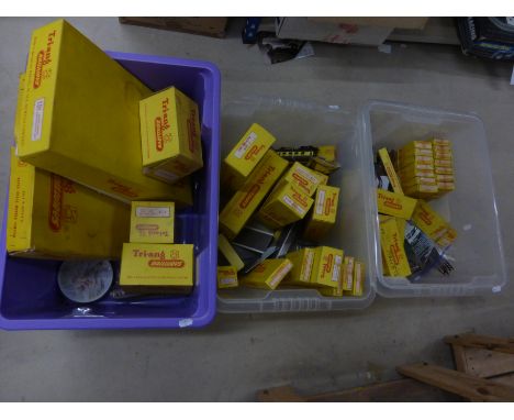 Large collection of boxed Triang TT model railway accessories to include T28 Engine Shed x 2, T35 Diesel Loco Shed, T121 Gird