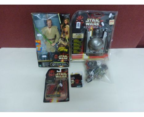 Three Hasbro Star wars Episode 1 boxed items to include; Electronic Talking Qui-Gon Jinn, Darth Maul Binoculars with listenin