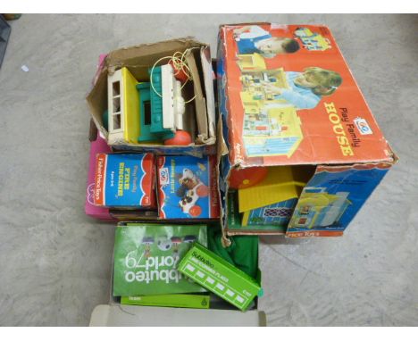 Five boxed Fisher Price toys to include Play Family House, Fire Engine, Little Snoopy, Chatter Telephone and Camper plus a sm