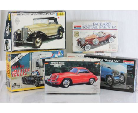 Six boxed model road vehicle kits all are unassembled and appear to be complete, including three Monogram kits: Bugatti 35 B 