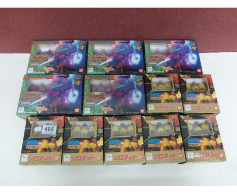 seven boxed 1993 Bandai MS in Pocket 1/144 scale transformer style robet figures model 04 in yellow & red plus Five boxed 199