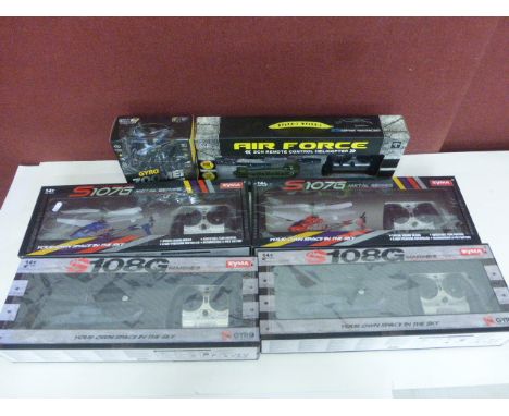 Six boxed remote control helicopters to include Syma x 4 (S107G Metal Series x 2 & S108G x 2), Good Promotion Air Force X-Cop