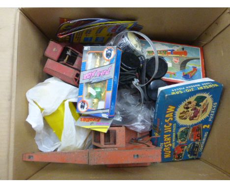 Box of mixed toys etc to include; Tri-ang tin plate in playworn condition, boxed japanese robot style figure, boxed wooden ji