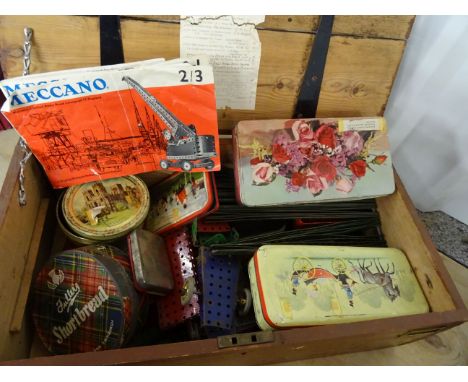 Collection of vintage Meccano to include various accessories and colours, spares and parts stored in crate 
