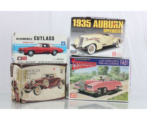 Four boxed model kits all are unassembled and appear to be complete, including: IMAI Thunderbirds Lady Penelope's Pink Rolls 