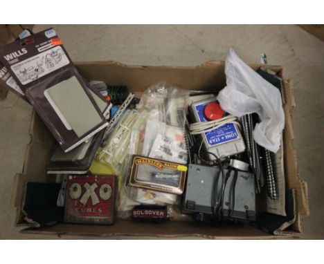 Box of model railway accessories plus ephemera