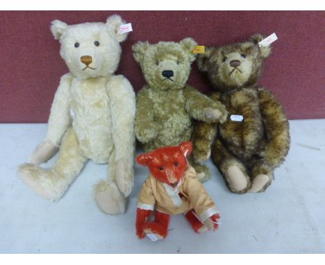 Four Stieff teddy bears all with tag and button, three with growlers, gd condition 