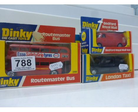 Three boxed Dinky diecast model vehicles to include 410 Bedford Royal Mail Van, 284 London Taxi and 289 Routemaster Bus, all 