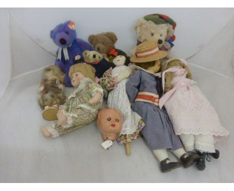 Box of vintage dolls & Teddy bears to include; Harrod's & TY Classic