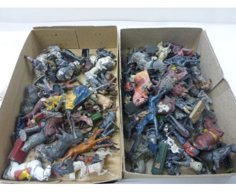 Collection of vintage metal figure, many Britains examples, featuring zoo & farm animals, soldiers, knights etc, heavy play w