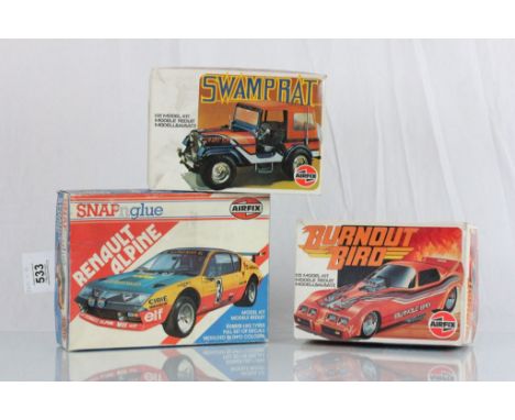 Three boxed Airfix plastic model vehicle kits to include Swamp Rat, Burnout Bird & Snap n Glue Renault Alpine, all complete, 
