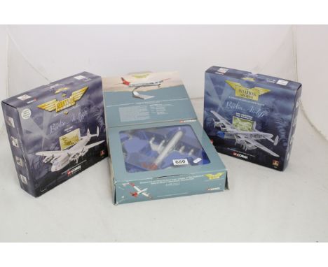 Three boxed Corgi Aviation Archive model planes to include 1:144 Berlin Airlift x 2 (AVRO York Skyways & AVRO Lancastrian ) a