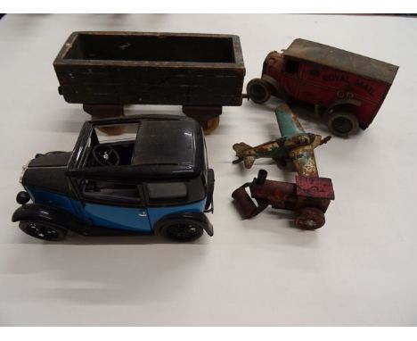 Three vintage tin plate model vehicles (heavy rusting) to include Royal Mail van, planes and steam roller plus a Ricko 1:18 A