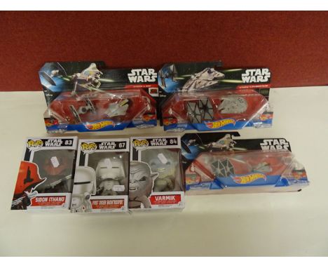 Three boxed Mattel Hot Wheels Star Wars vehicles to include Tie Fighter v the Ghost x 2 and Tie Fighter v Millennium Falcon p
