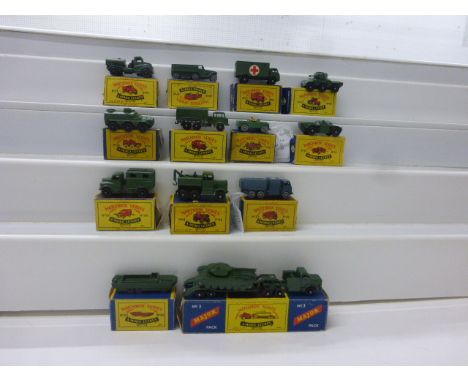 13 Boxed Matchbox Lesney 75 series military diecast vehicles to include Major Pack No 3 Pack, 64 Scammel Break down Truck, 68
